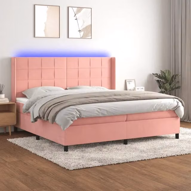 Letto a molle con materasso vidaXL in velluto rosa e bianco con illuminazione LED sottostante e porta USB L/P/H: 200 x 200 x 203 cm