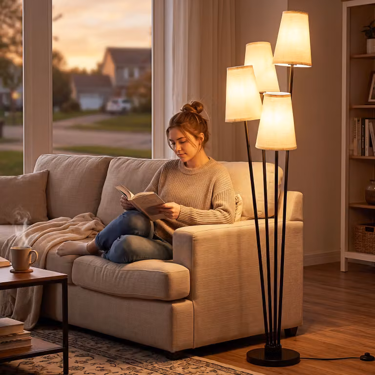 Costway Lampada da terra moderna con 4 paralumi in tessuto beige e struttura in metallo nero con interruttore a pedale per soggiorno e camera da letto
