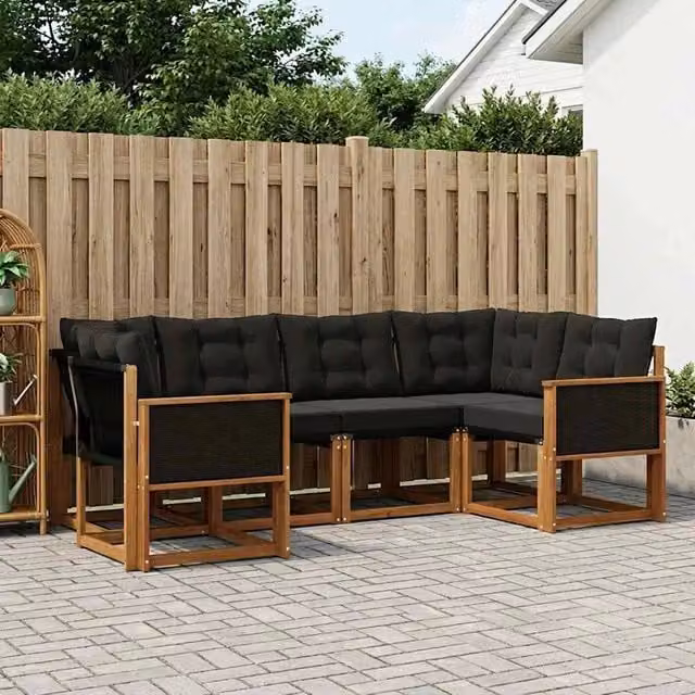 Set di divani da esterno a L vidaXL in legno di acacia con cuscini, marrone e nero – 1