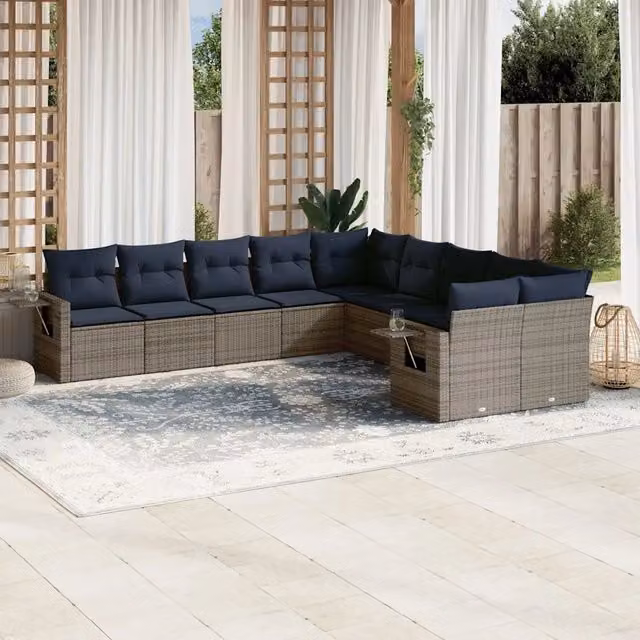 Set Divani da Giardino 10 pz con Cuscini Grigio in Polyrattan 3220710