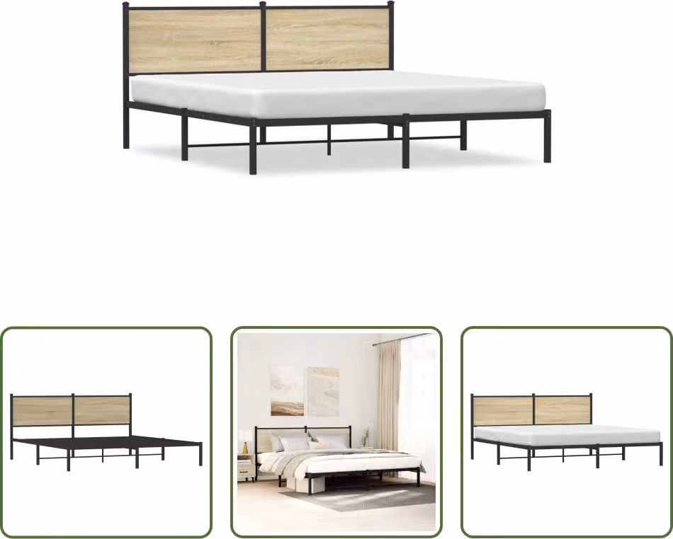The Living Store Struttura letto con testiera in metallo rovere Sonoma 160x200 cm