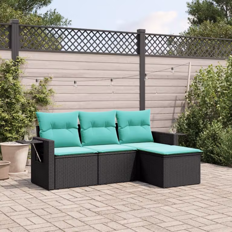 Set di divani da giardino vidaXL in polyrattan nero con cuscini e pouf a forma di L per esterno