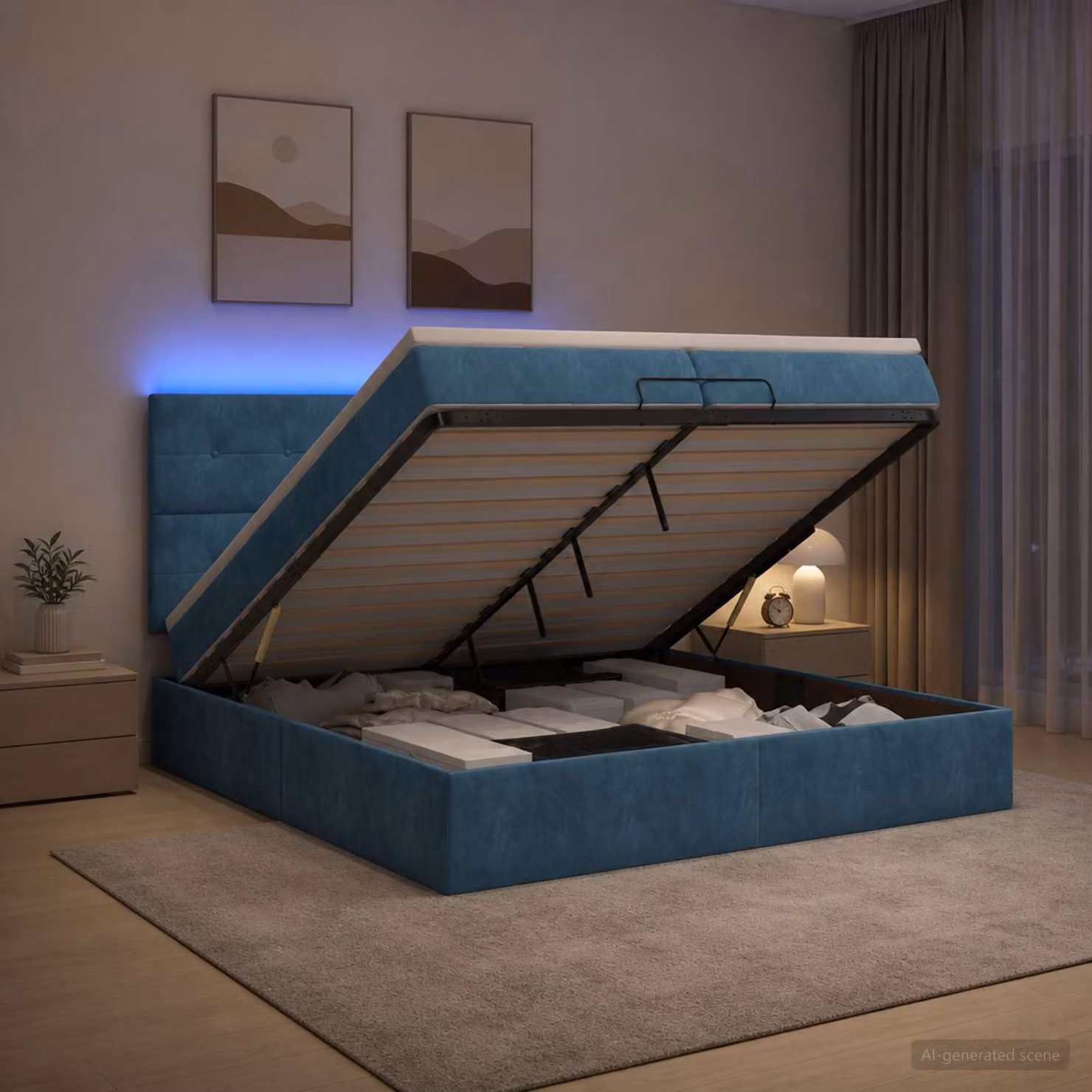 Letto Ottomano vidaXL con Materasso Ibrido e Illuminazione LED Blu e Bianco in Velluto L/P/H: 200 x 200 x 88 cm