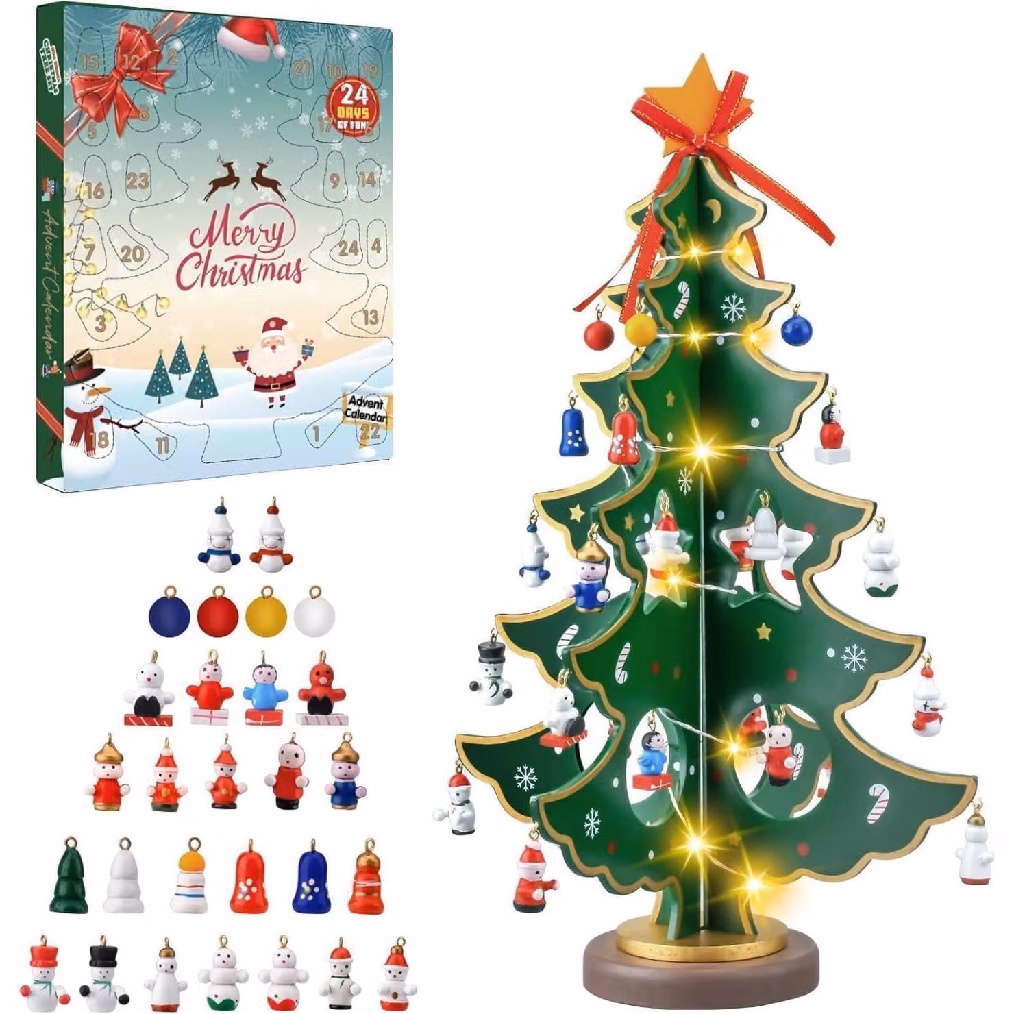 Calendario dell'Avvento 2025: albero di Natale in legno, 24 giorni con luci