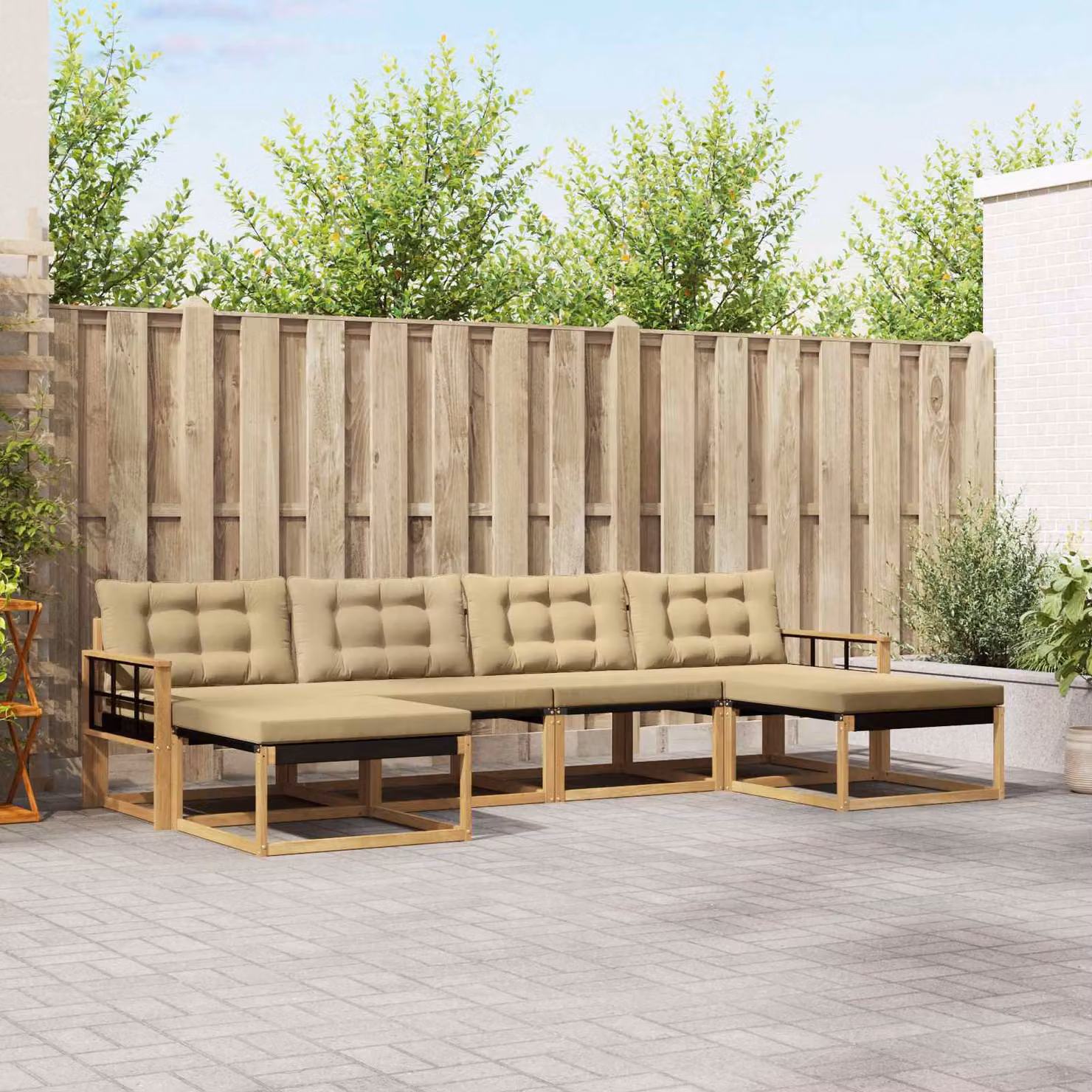 Set di divani da esterno vidaXL 6 pz a forma di U in legno di acacia con cuscini Bianco e Beige
