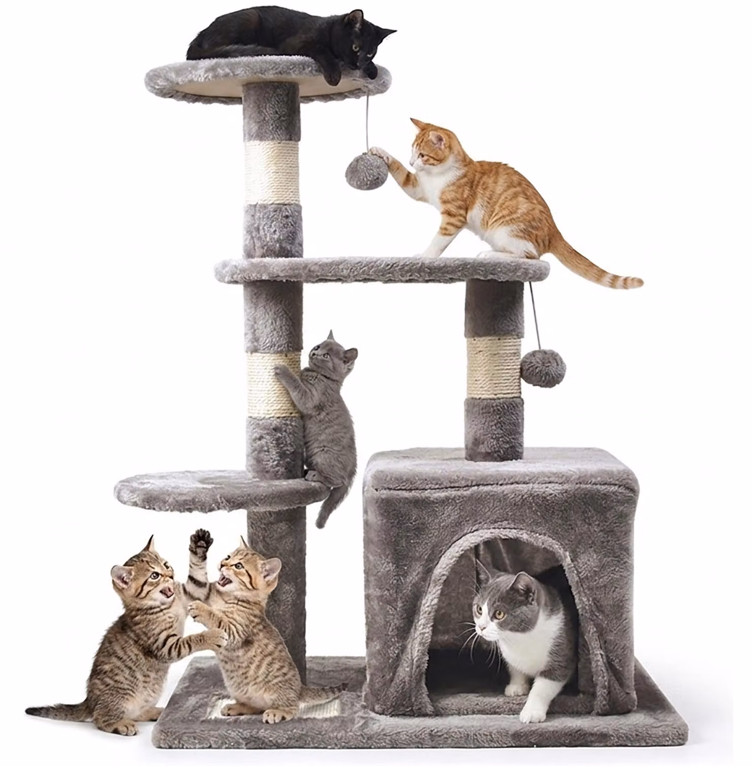 Tiragraffi per gatti, albero, palo, grigio, 4 livelli, 80 cm, casetta, giocattoli