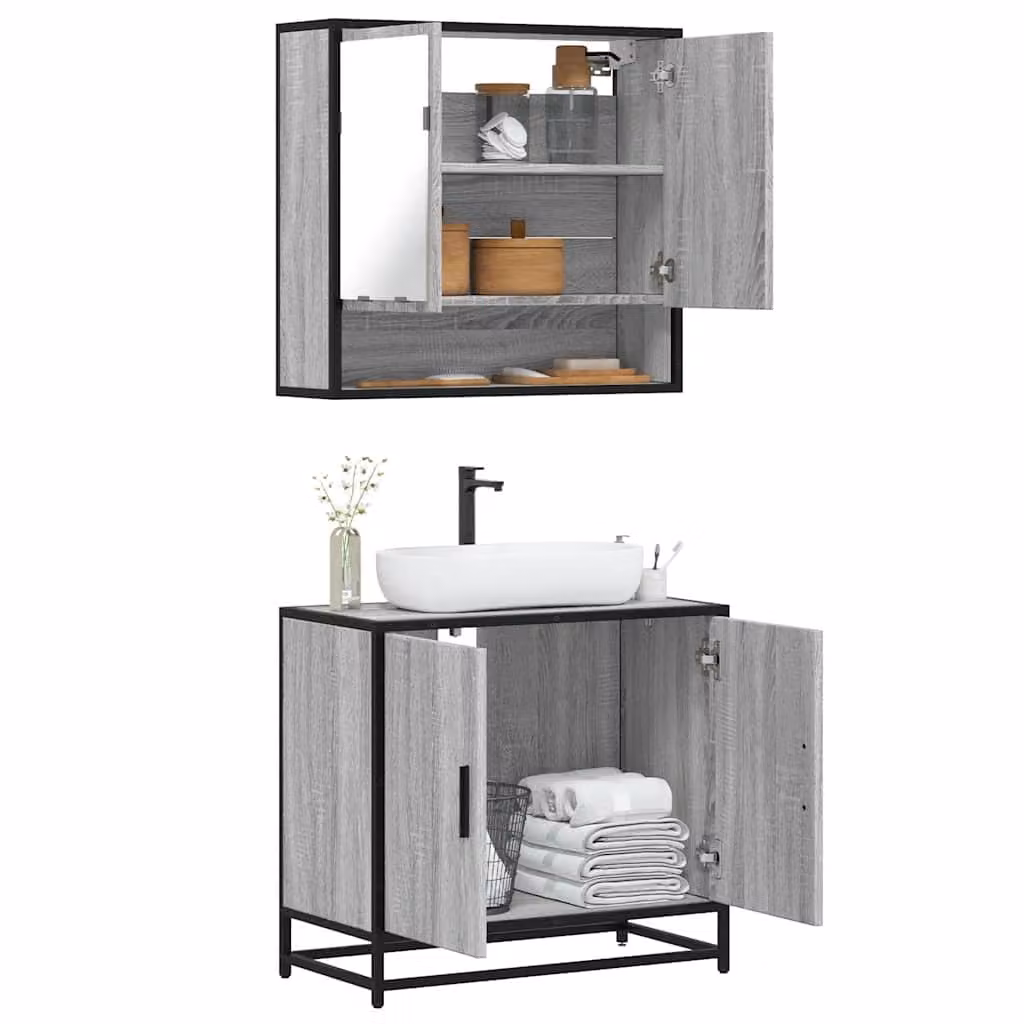 Set di mobili da bagno vidaXL in stile industriale composto da mobile lavabo e armadietto con specchio, colore grigio, in legno e metallo