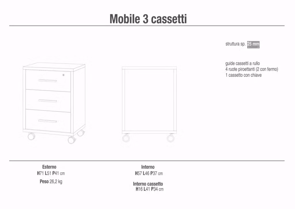 Cassettiera mobile SARMOG con 3 cassetti su ruote colore Noce Stelvio L: 51 cm, P: 41 cm, H: 71 cm – 2