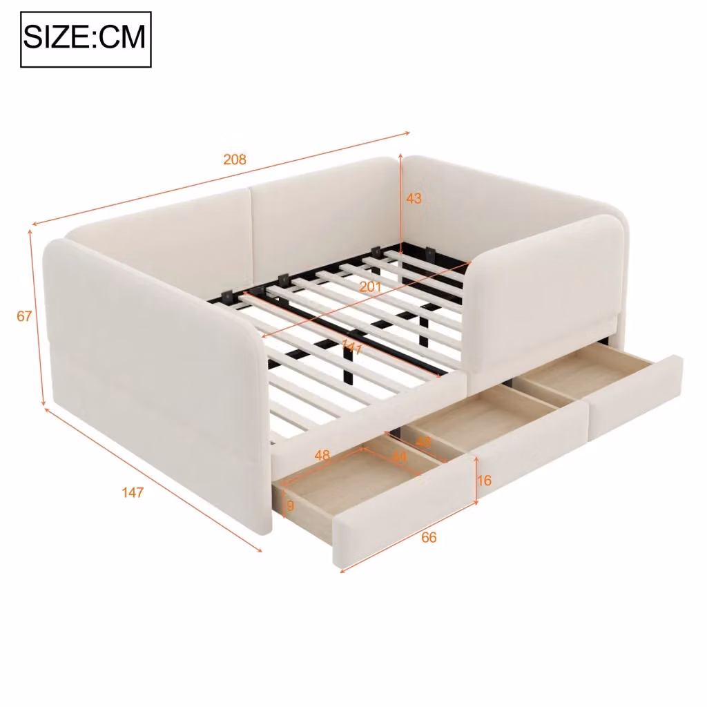 Letto imbottito per bambini REDOM in velluto beige con cassetti L/P: 140 x 200 cm – 2