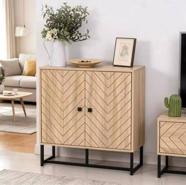 Mobile contenitore con ante magnetiche, struttura in truciolare e MDF, 80x29,5x80 cm, finitura legno naturale e nero