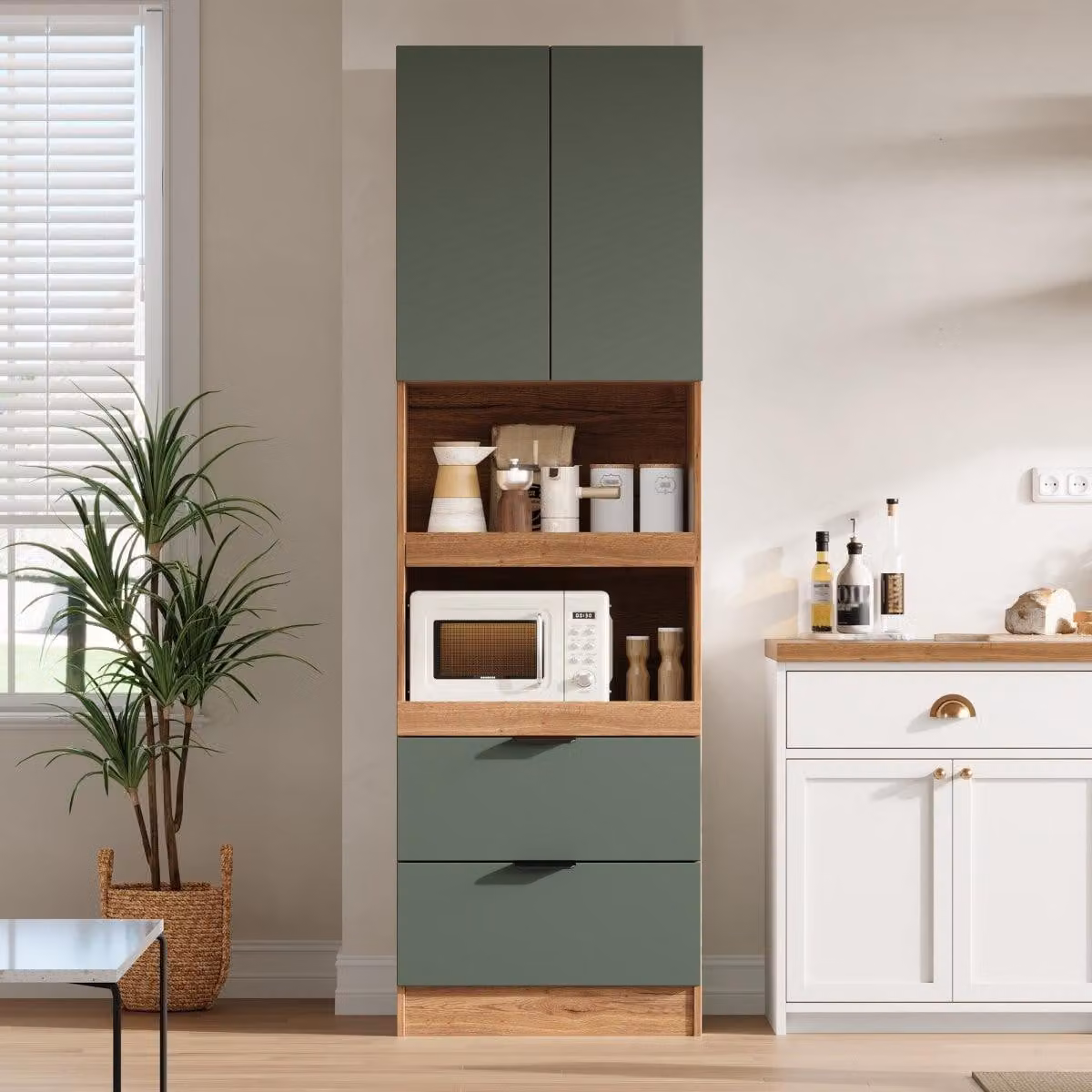 Armadi da cucina alti 200 cm, armadi contenitori con ante e cassetti, armadio alto con sistema di sicurezza anticaduta, dimensioni 59,5 x 45 x 200 cm, colore verde