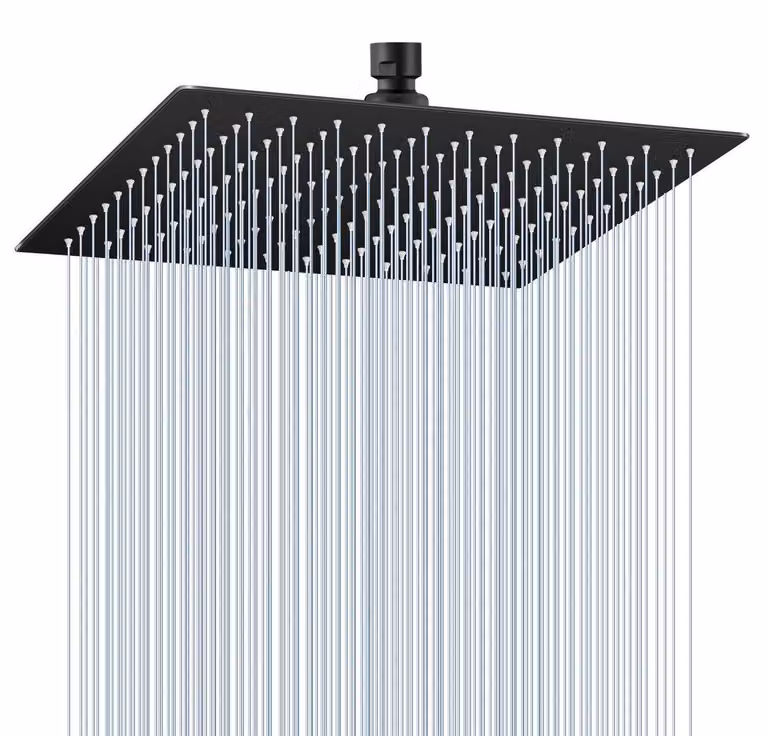 Testina doccia a pioggia, 30 cm, quadrata, nera, in acciaio inossidabile, a risparmio idrico, con ugelli anticalcare, rotazione a 360°, effetto cascata, montaggio a soffitto, finitura opaca
