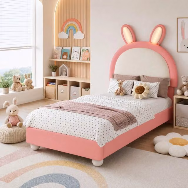 Letto imbottito 90x200 cm con LED e testiera a forma di coniglio in PU rosa