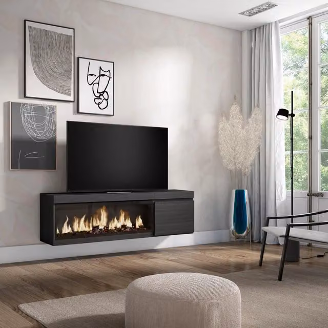 Mobile TV Soggiorno, 158x35x45cm, Per TV fino a 65", Camino elettrico XXL, da appendere, Nero RF3247