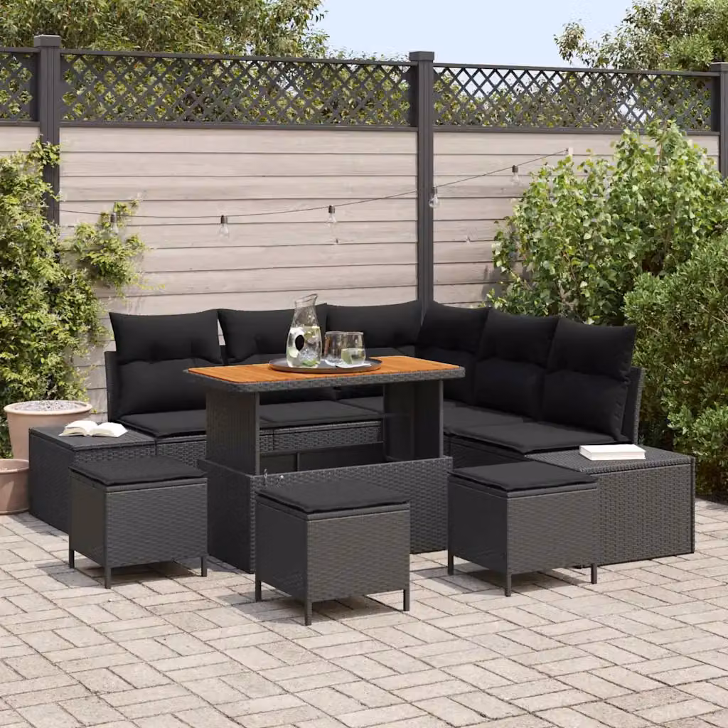 Set Divano da Giardino a L vidaXL 9 pz Nero con Cuscini e Tavolino in Rattan e Metallo – 1