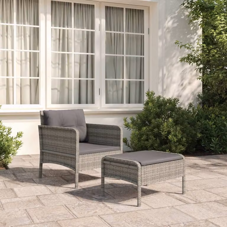 Set di divani da giardino vidaXL con poltrona lounge, pouf e cuscini in tessuto, struttura in metallo e rattan, colore grigio
