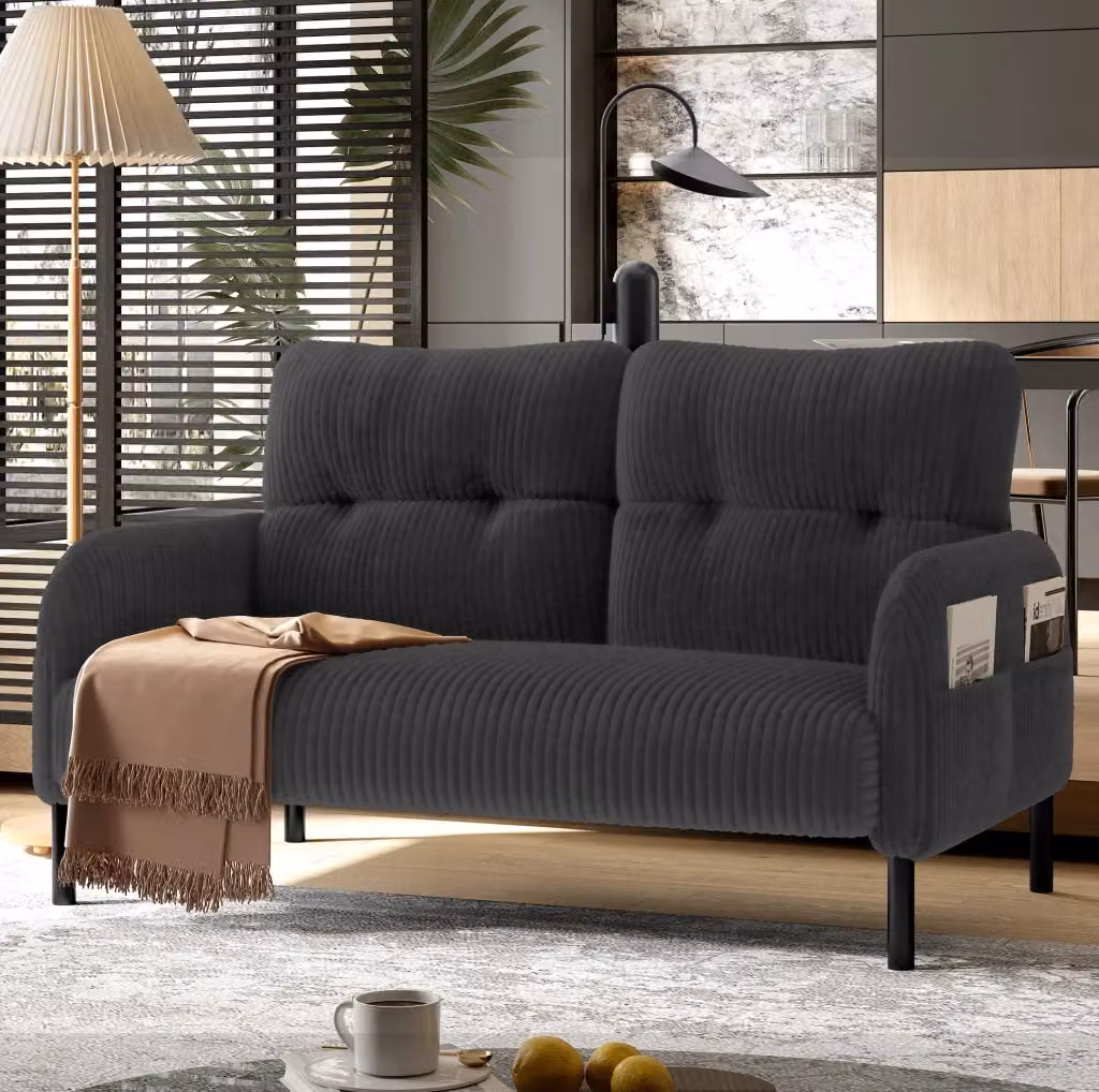 Divano a 2 posti MODFU in velluto a coste grigio con struttura e piedi in metallo L: 120 cm, P: 75 cm, H: 79 cm – 2