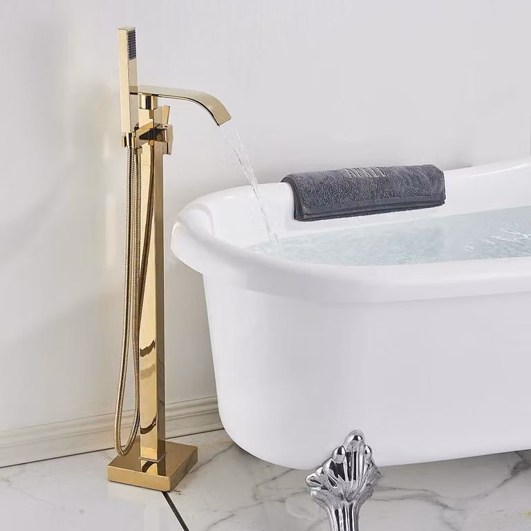 Rubinetto per vasca da bagno e doccia, montato a pavimento, con due maniglie, finitura dorata B