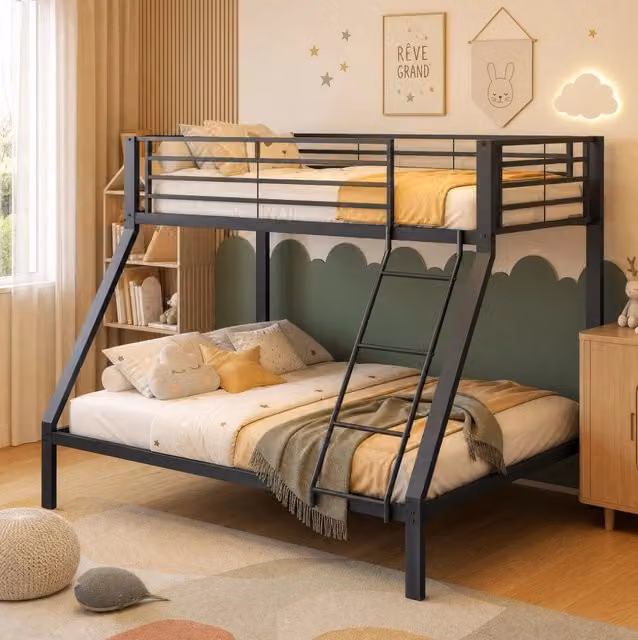 Letto a castello in metallo nero 90x200 cm sopra e 140x200 cm sotto; con scala reversibile