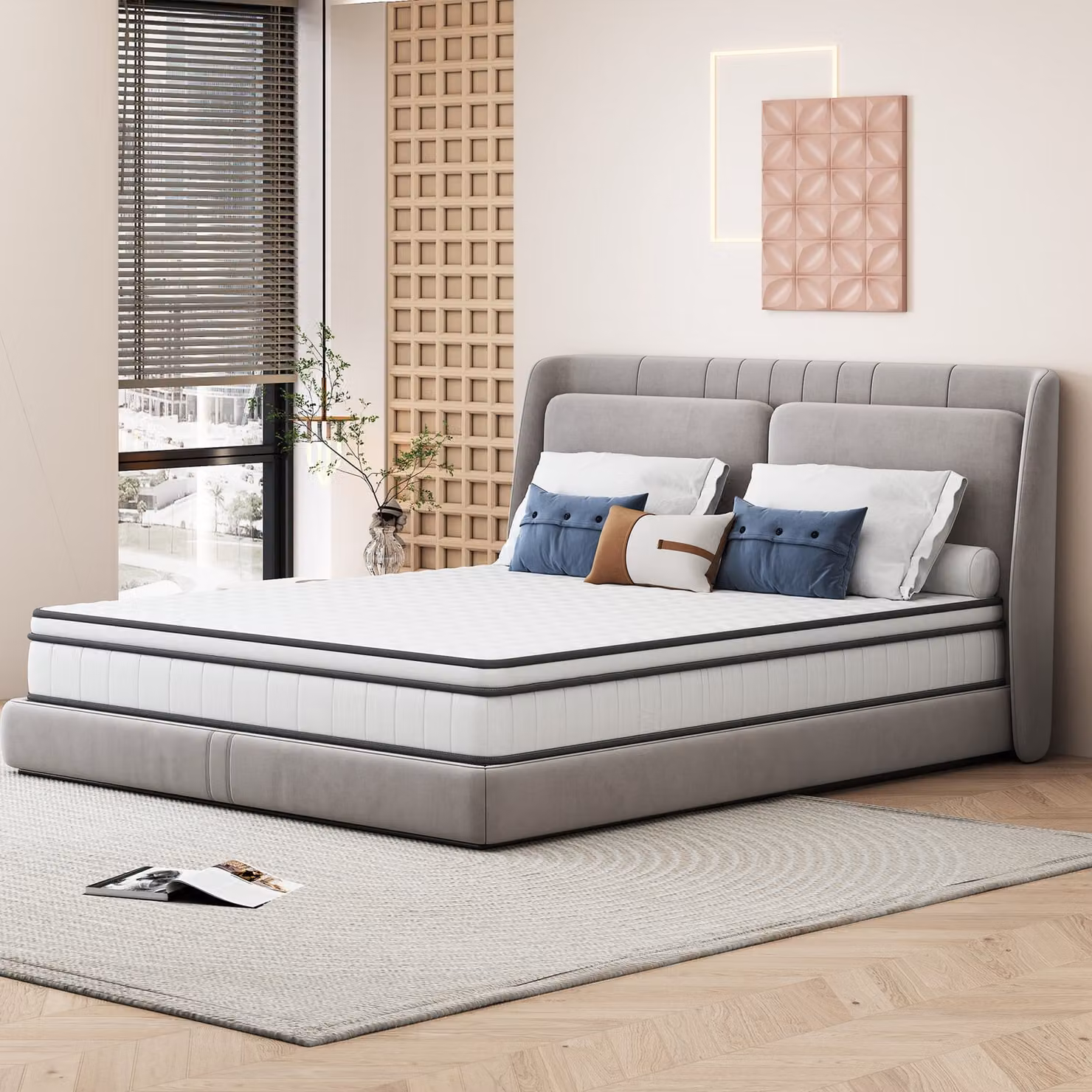 Materasso ibrido a molle insacchettate 200×140×25 cm – Zone di riposo indipendenti, sostegno ergonomico, rivestimento 3D traspirante – Bianco e grigio