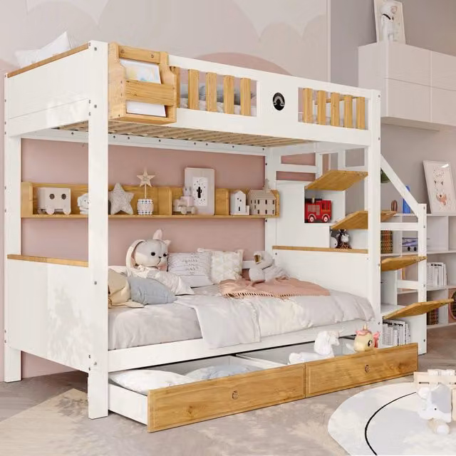 Letto a castello 90 × 200 cm 2 posti con scala contenitore, 2 cassetti e ripiani, senza materasso, bianco naturale