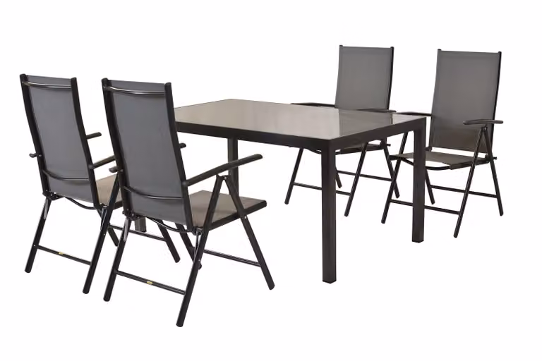 Set di mobili da giardino Merxx Amalfi grafite 5 pezzi, 4 poltrone pieghevoli, 1 tavolo 150 x 90 cm - alluminio/tessuto