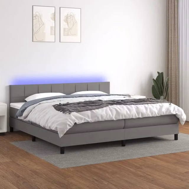 Letto matrimoniale con materasso a molle vidaXL in tessuto grigio e bianco con illuminazione LED sottostante e porta USB L/P: 200 x 200 cm, H: 203 cm