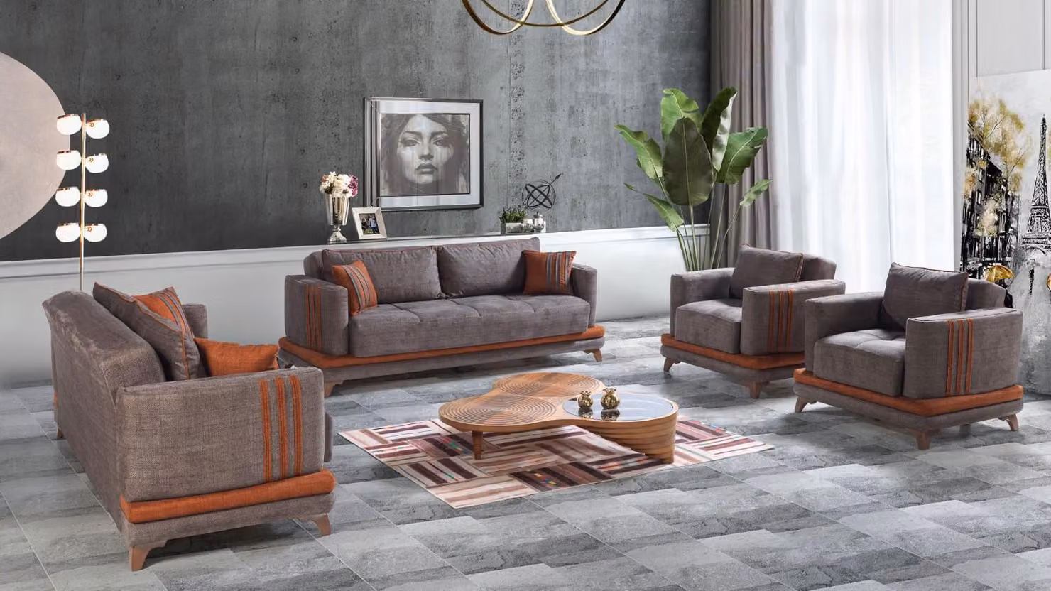 Design Modernes Wohnzimmer Set Sofagarnitur 3+2+1+1 Grau Wohnzimmer Möbelset