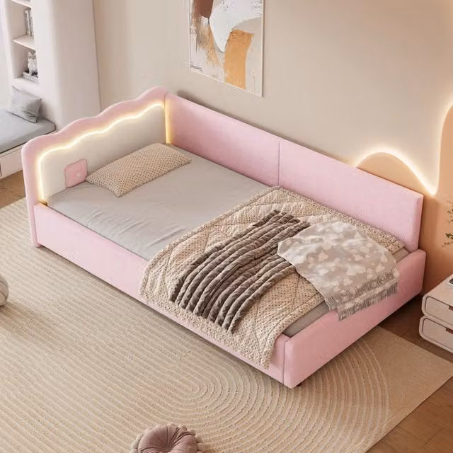 Letto daybed REDOM in velluto rosa con luce LED ambientale L/P: 200 x 90 cm