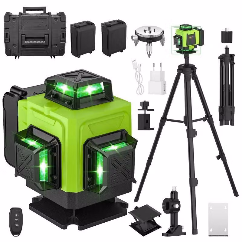 Livella laser 4D - Laser a 16 linee per proiezioni incrociate - Autolivellante - 360° in orizzontale e verticale - Con treppiede e custodia in plastica - Telecomando - Raggio verde