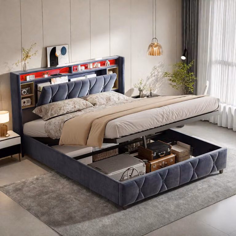 Letto imbottito Fortuna Lai 140x200 cm, LED, USB e Type-C, letto contenitore con rete a doghe, velluto, grigio