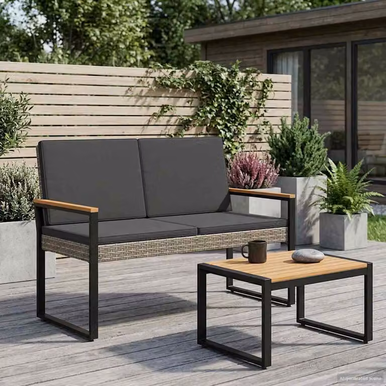 Panchina da esterno a 2 posti vidaXL in rattan grigio con braccioli, L 107 x P 61 x H 80 cm