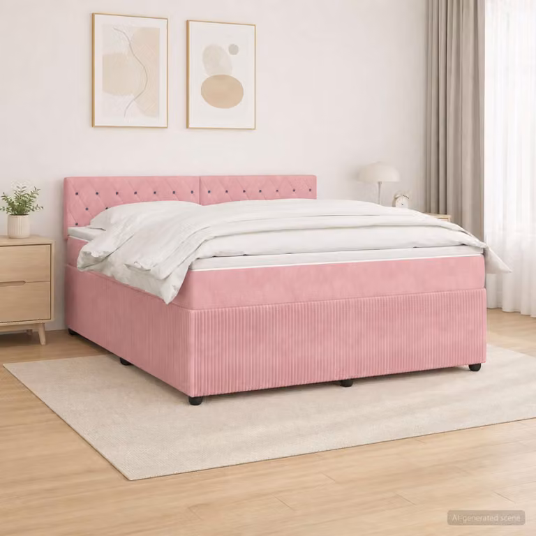 Letto box spring con materasso ibrido vidaXL in velluto rosa, L/P/H: 200 x 140 x 100,5 cm