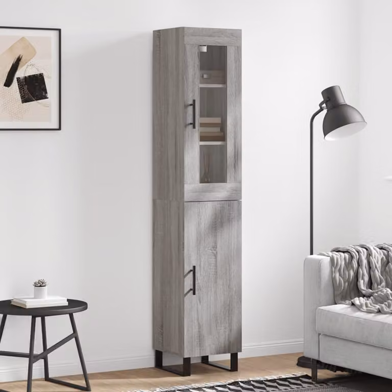 Credenza moderna vidaXL in legno e metallo con ante in vetro, Grigio Sonoma, L/P/H: 34,5 x 34 x 180 cm