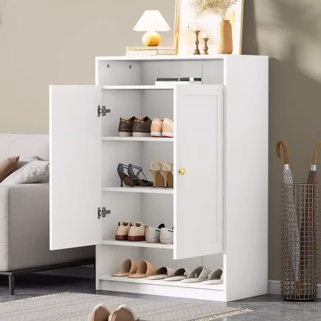 Scarpiera Minimal con ante a battente bianca in legno e metallo, L: 73 cm, P: 34 cm, H: 109 cm
