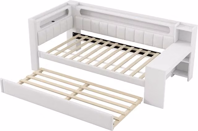 Letto giorno imbottito 90x200 cm con letto estraibile, USB e illuminazione LED, bianco, con scrivania integrata