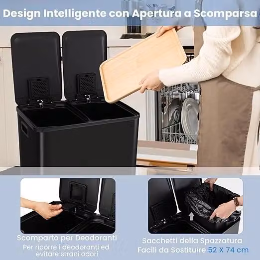 Bidone per la raccolta differenziata Costway con 2 scomparti da 30 L, Pattumiera in acciaio inox con pedale e chiusura morbida, Nero, Argento o Bianco – 2