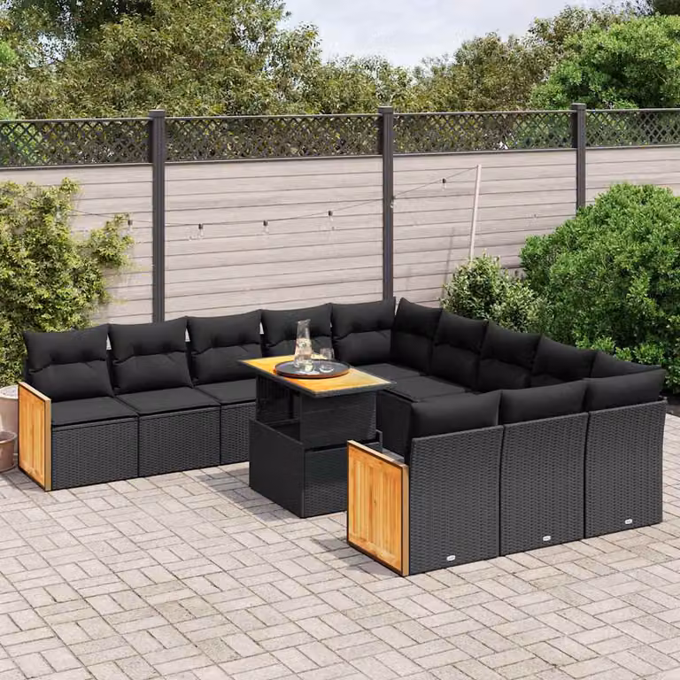 vidaXL Set Divani da Giardino 11 pz in Polyrattan Nero con Cuscini e Tavolino da Esterno a Forma di U