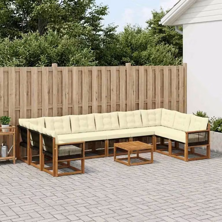 vidaXL Set di divani da esterno componibile a L in legno di acacia con cuscini, 11 pezzi, Beige, Bianco e Marrone