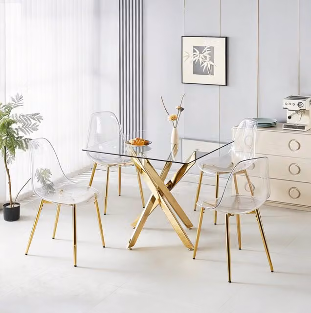 Set da pranzo 5 pezzi con tavolo e 4 sedie in velluto con gambe dorate