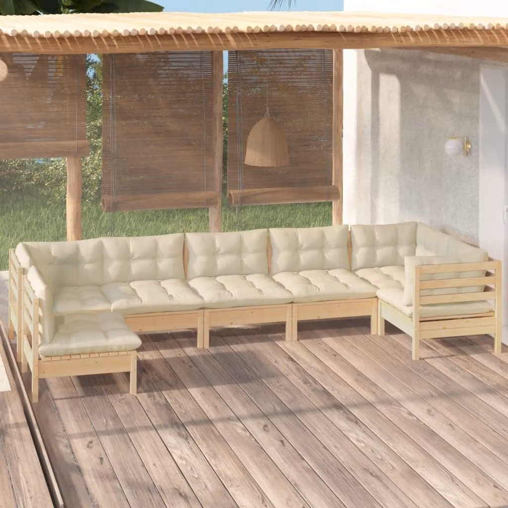 The Living Store Set da salotto da giardino 7 pezzi con cuscini crema legno di pino