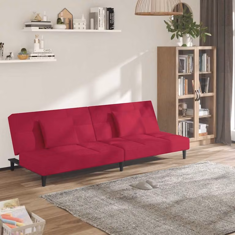 Divano Letto Click-Clack a 2 Posti vidaXL in Velluto Rosso con 2 Cuscini e Struttura in Legno Massello, L/P/H: 200 x 90 x 69 cm