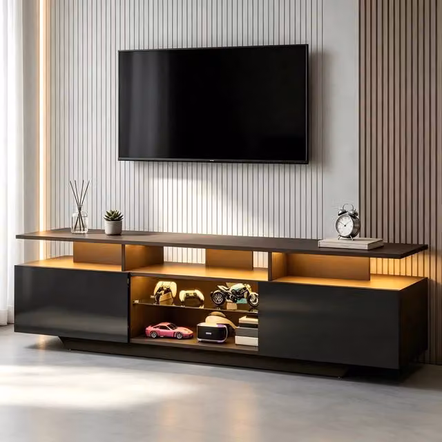 Mobile porta TV con LED e 2 ante, 8 vani contenitore e ripiani in vetro, per soggiorno, in MDF, nero, 160 × 40 × 45 cm