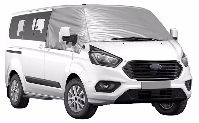 Copertura parasole per parabrezza, compatibile con Ford Transit Custom dal 2012 al 2022, oscurante al 100%, protezione UV, resistente agli agenti atmosferici, colore argento