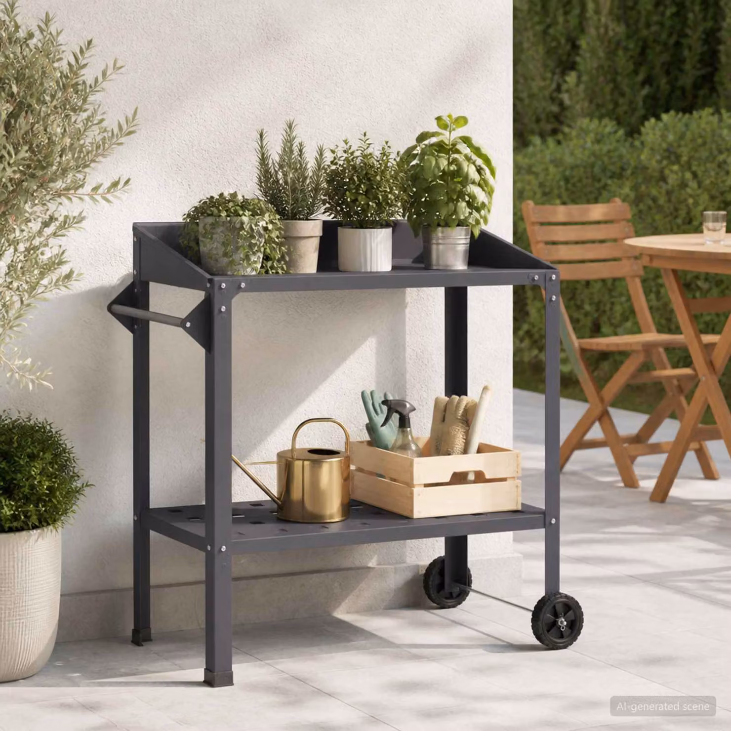 vidaXL Tavolo da vaso moderno in metallo con ruote, antracite, L: 96 cm, P: 50 cm, H: 89 cm