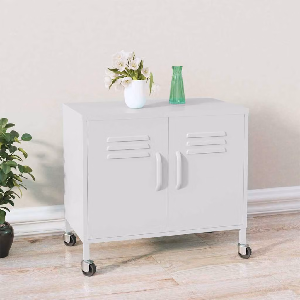 Armadietto freestanding vidaXL in metallo bianco con ante a battente e ripiani interni L: 60 cm, P: 35 cm, H: 56 cm