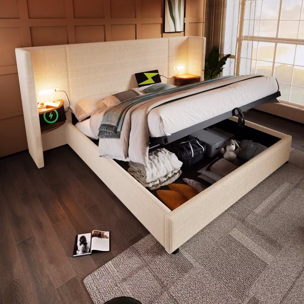 Letto contenitore REDOM in velluto a coste beige e bianco con testiera multifunzione, luce di lettura integrata, porta USB e mensola, L/P/H: 180 x 200 x 104 cm – 2