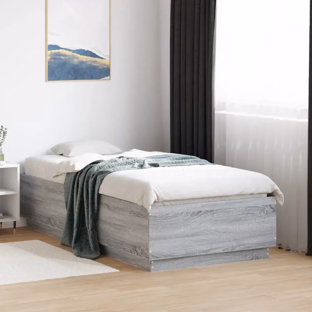 Letto singolo moderno Design In in legno multistrato grigio Sonoma con luci LED sottobasso e porta USB, L: 75 cm, P: 193 cm, H: 40 cm – 2