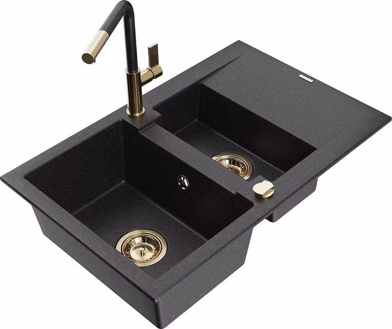 Mexen Gaspar lavello da cucina in granito 1,5 vasche con scolapiatti e miscelatore Flora, nero/argento - 6507-73-670401-57-G