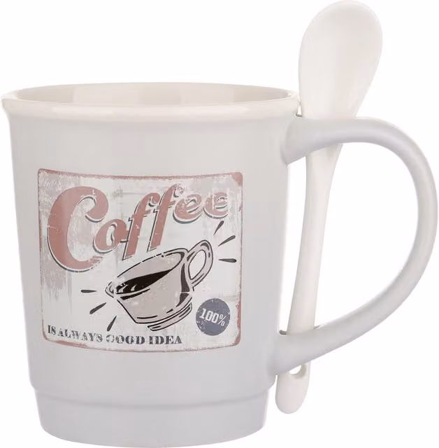 Mug da caffè KASANOVA in ceramica bone china grigia con cucchiaino, capacità 400 ml